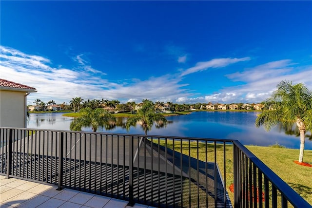 exterior space with a water view