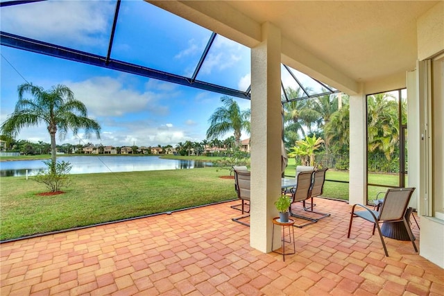 sunroom with a water view