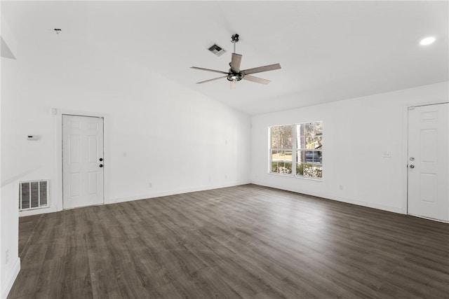 unfurnished living room featuring ceiling fan, dark hardwood / wood-style floors, and high vaulted ceiling