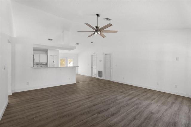 unfurnished living room featuring ceiling fan, dark wood-type flooring, and high vaulted ceiling