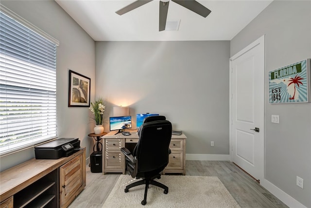 office area featuring ceiling fan and light hardwood / wood-style flooring