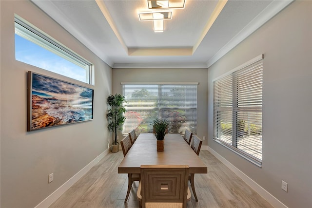 dining area featuring light hardwood / wood-style floors, a raised ceiling, and a wealth of natural light