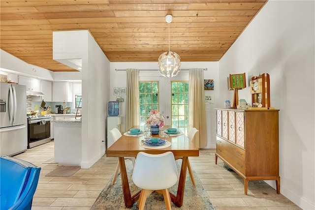 1420 18th Ave SW, Vero Beach, FL 32962 - dining space with wooden ceiling, light wood-type flooring, a chandelier, baseboards, and lofted ceiling
