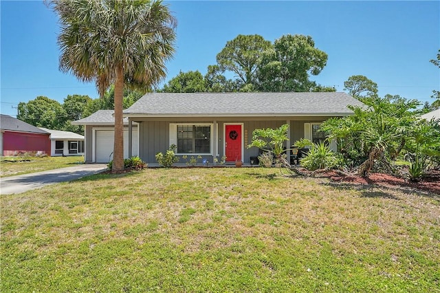 1420 18th Ave SW, Vero Beach, FL 32962 - ranch-style house featuring an attached garage, driveway, a front yard, and board and batten siding