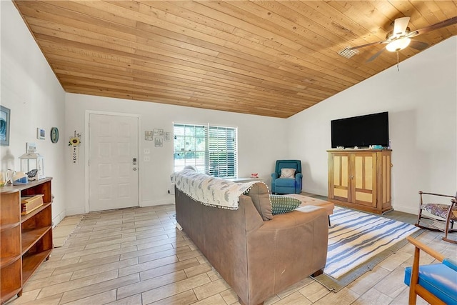 1420 18th Ave SW, Vero Beach, FL 32962 - living room featuring vaulted ceiling, wood ceiling, light wood-style flooring, a ceiling fan, and baseboards