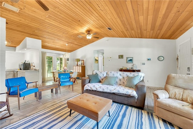 1420 18th Ave SW, Vero Beach, FL 32962 - living room with a ceiling fan, wood ceiling, lofted ceiling, light wood-style floors, and french doors