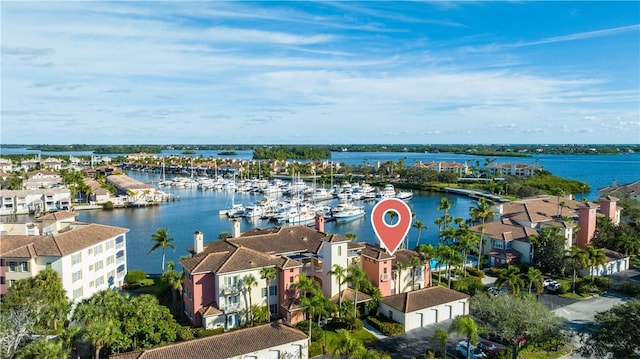 bird's eye view with a water view