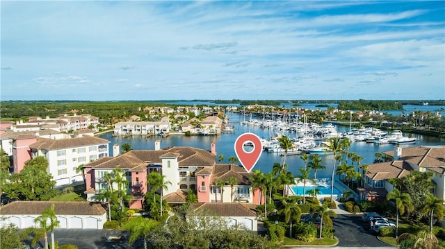 drone / aerial view featuring a water view