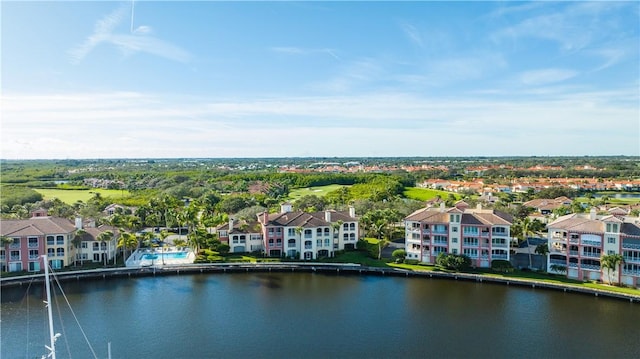 aerial view featuring a residential view and a water view