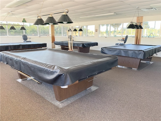 rec room with a drop ceiling, carpet floors, visible vents, and billiards