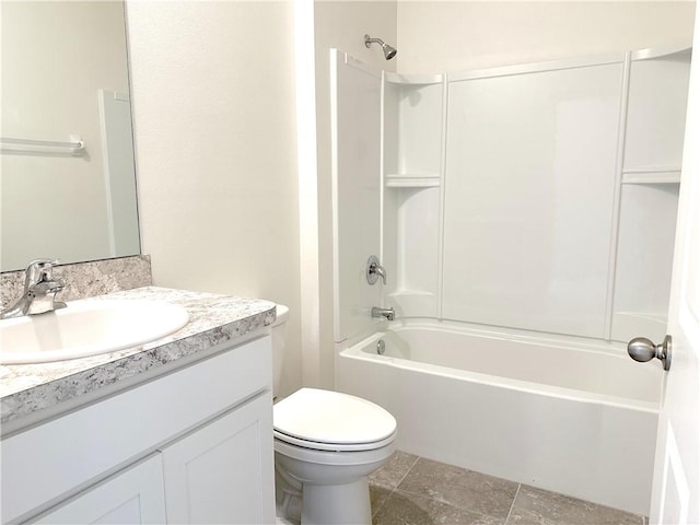 full bath with toilet,  shower combination, and vanity