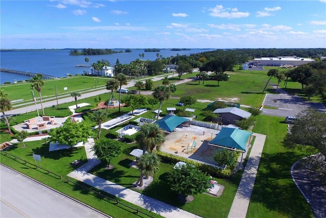 bird's eye view with a water view