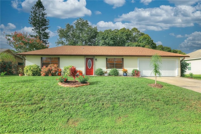 single story home with an attached garage, a front lawn, driveway, and stucco siding