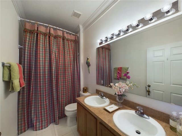 bathroom with toilet, tile patterned floors, a textured ceiling, ornamental molding, and vanity