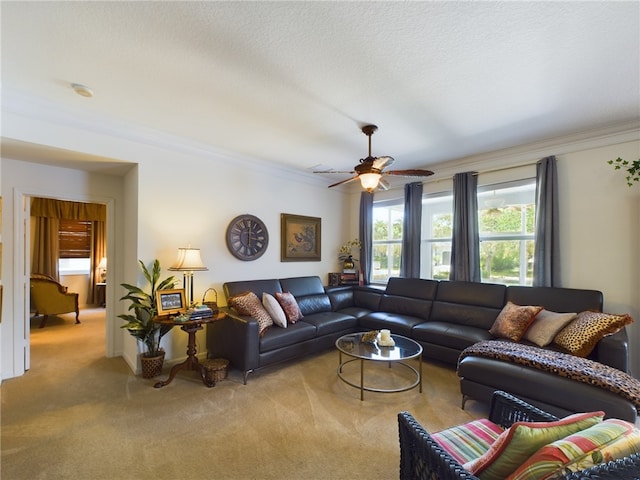 carpeted living room with ornamental molding, a textured ceiling, and ceiling fan