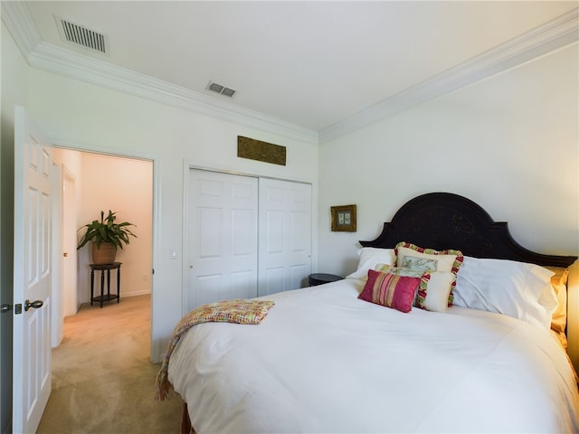 carpeted bedroom with crown molding and a closet