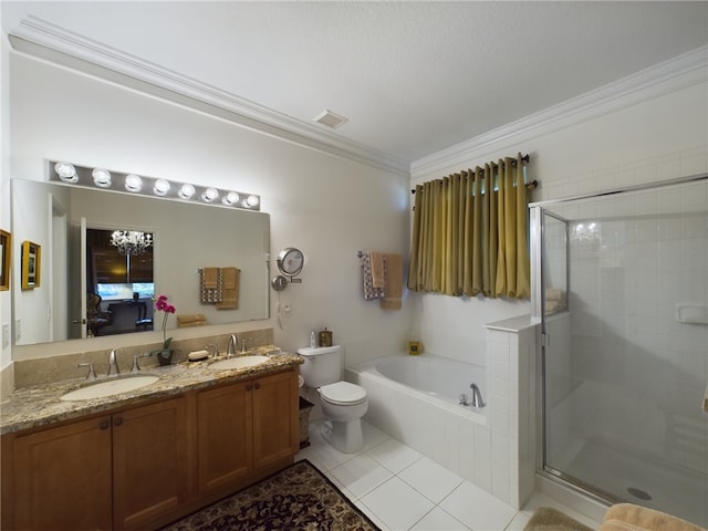 full bathroom featuring ornamental molding, separate shower and tub, vanity, tile patterned flooring, and toilet