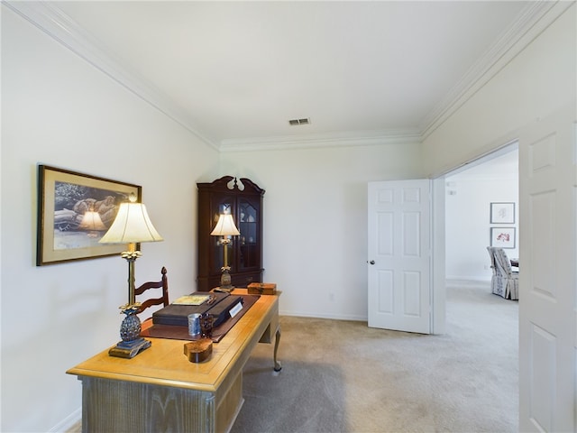 office space featuring ornamental molding and carpet flooring