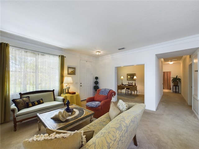 living room featuring light colored carpet and ornamental molding