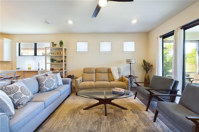 living room with ceiling fan