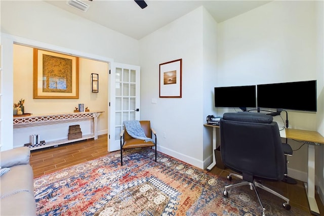 office area featuring french doors and wood-type flooring