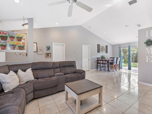 living room featuring light tile patterned floors, high vaulted ceiling, and ceiling fan