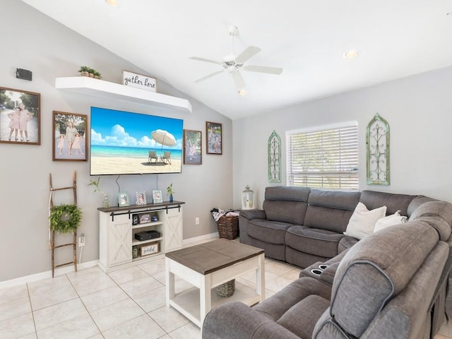 living room with lofted ceiling, ceiling fan, and light tile patterned flooring