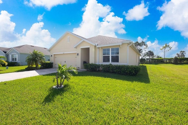 single story home with a garage and a front yard