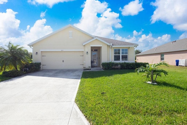 ranch-style home featuring a garage and a front lawn