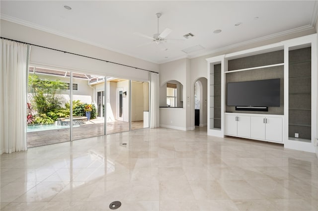 8455 Bay Leaf Ln Unit 11, Vero Beach, FL 32963 - unfurnished living room featuring light marble finish flooring, ceiling fan, ornamental molding, healthy amount of natural light, and built in shelves