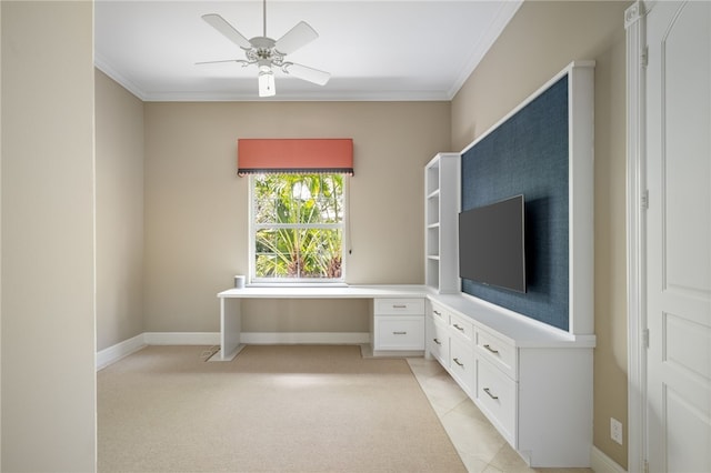 8455 Bay Leaf Ln Unit 11, Vero Beach, FL 32963 - unfurnished office with built in desk, crown molding, ceiling fan, and baseboards