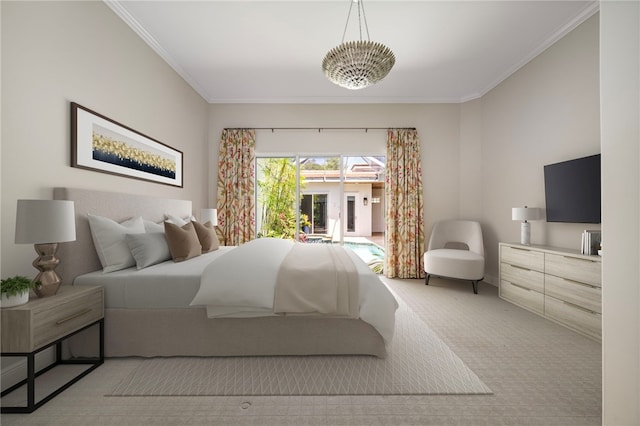 8455 Bay Leaf Ln Unit 11, Vero Beach, FL 32963 - bedroom with ornamental molding, access to exterior, and light carpet