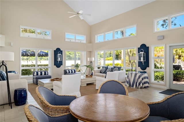 8455 Bay Leaf Ln Unit 11, Vero Beach, FL 32963 - living room featuring high vaulted ceiling, light tile patterned floors, and a ceiling fan