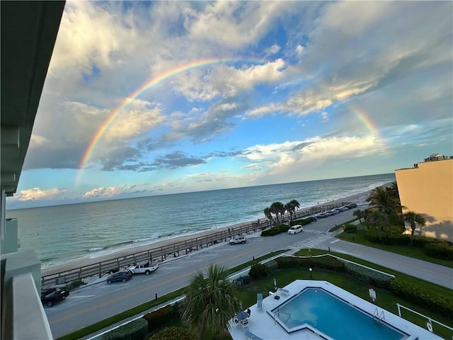 view of water feature with a beach view