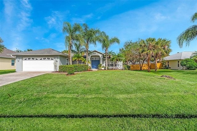 ranch-style house featuring a garage and a front lawn