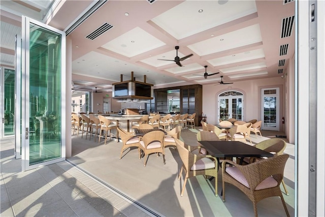 425 Indies Dr, Vero Beach, FL 32963 - interior space with beamed ceiling, visible vents, a ceiling fan, and coffered ceiling