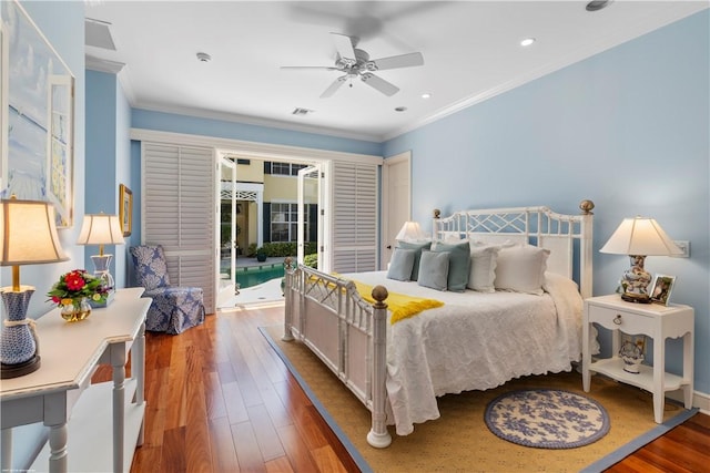 425 Indies Dr, Vero Beach, FL 32963 - bedroom featuring recessed lighting, wood finished floors, crown molding, access to outside, and ceiling fan