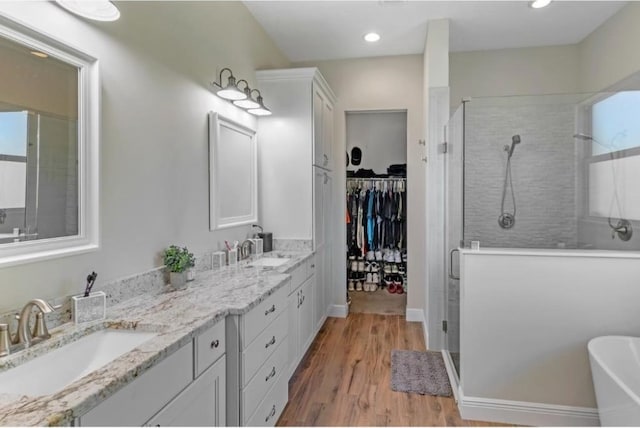 bathroom featuring vanity, hardwood / wood-style floors, and independent shower and bath