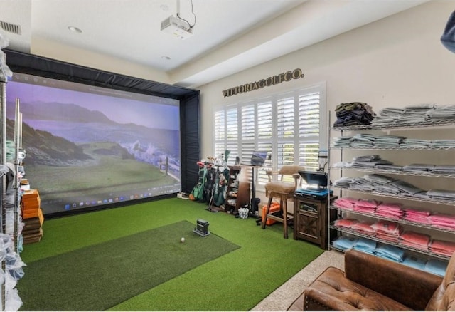 recreation room featuring golf simulator and carpet flooring