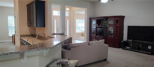 living area with a wealth of natural light, light carpet, and baseboards