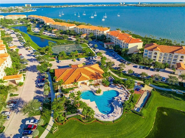 aerial view featuring a water view