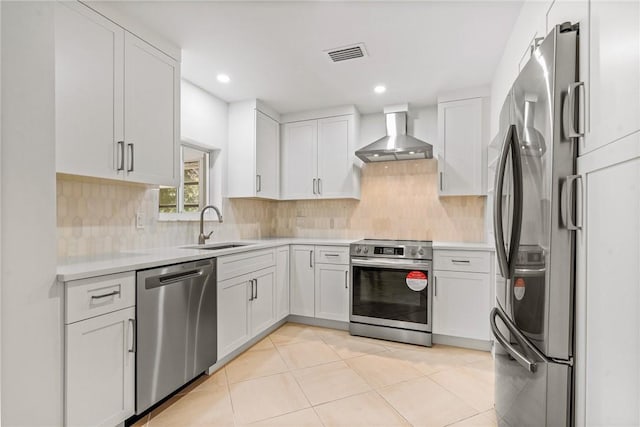 kitchen featuring wall chimney exhaust hood, stainless steel appliances, decorative backsplash, sink, and white cabinetry