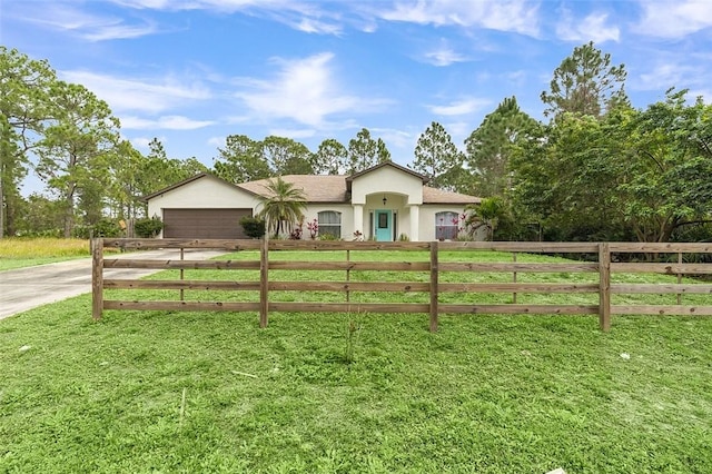 single story home featuring a fenced front yard, an attached garage, driveway, stucco siding, and a front yard