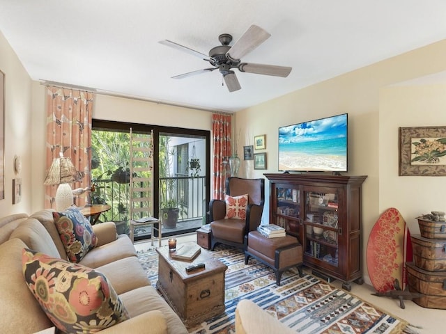 interior space with carpet flooring and ceiling fan