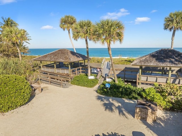 view of water feature with a gazebo and a view of the beach