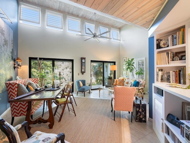 interior space featuring high vaulted ceiling, wooden ceiling, and ceiling fan