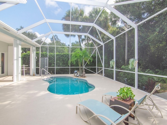 view of swimming pool with a patio and a lanai