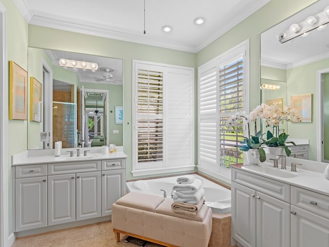 bathroom featuring ornamental molding, vanity, shower with separate bathtub, tile patterned flooring, and ceiling fan