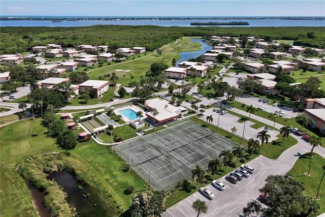 aerial view featuring a water view