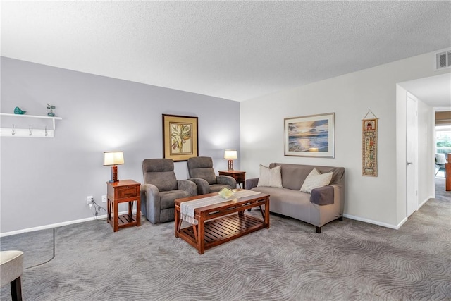 living room featuring carpet floors and a textured ceiling